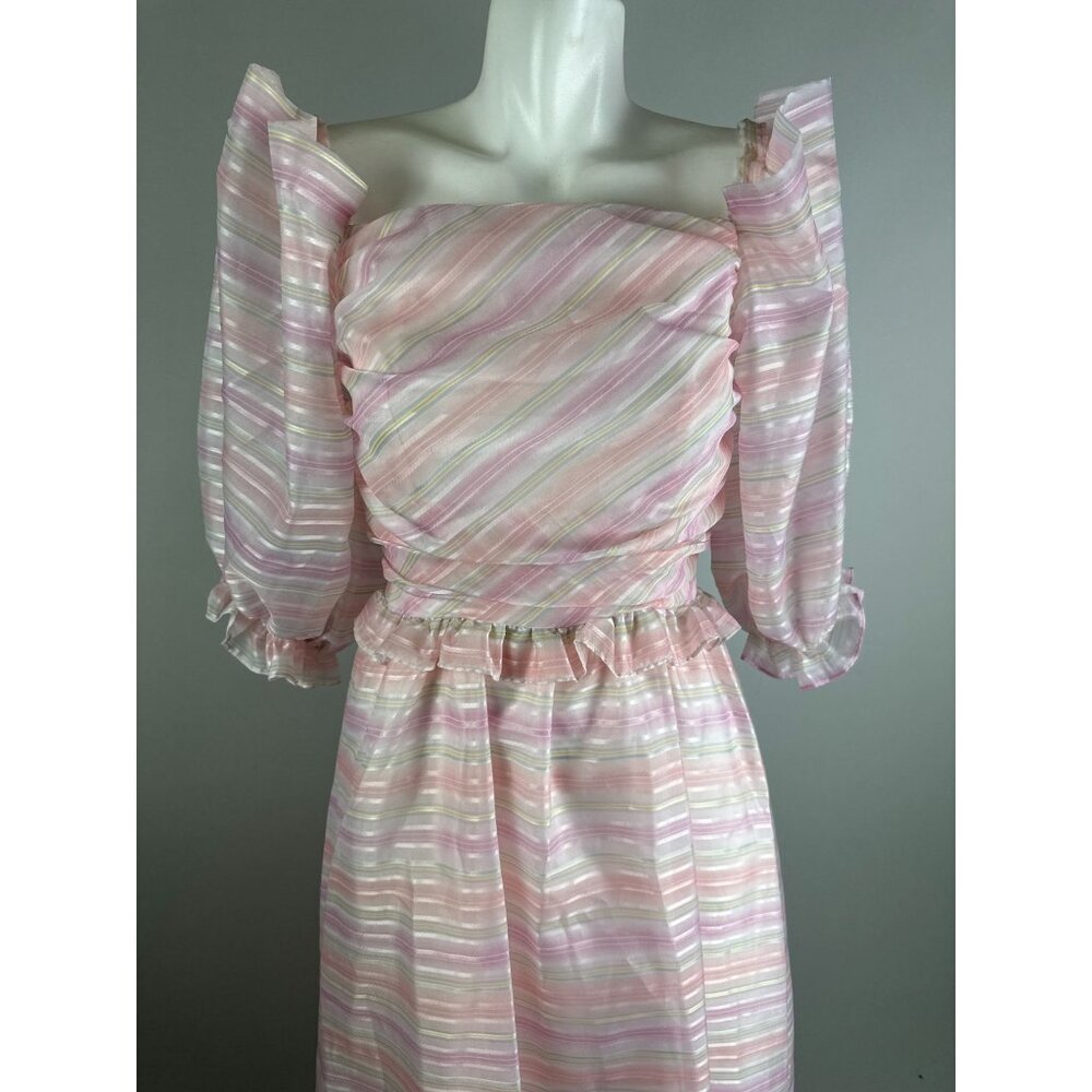 Vtg 80s Cotton Candy Pink Striped Puff Shoulder Party Dress Fairy kawaii 12 - Picture 7 of 7